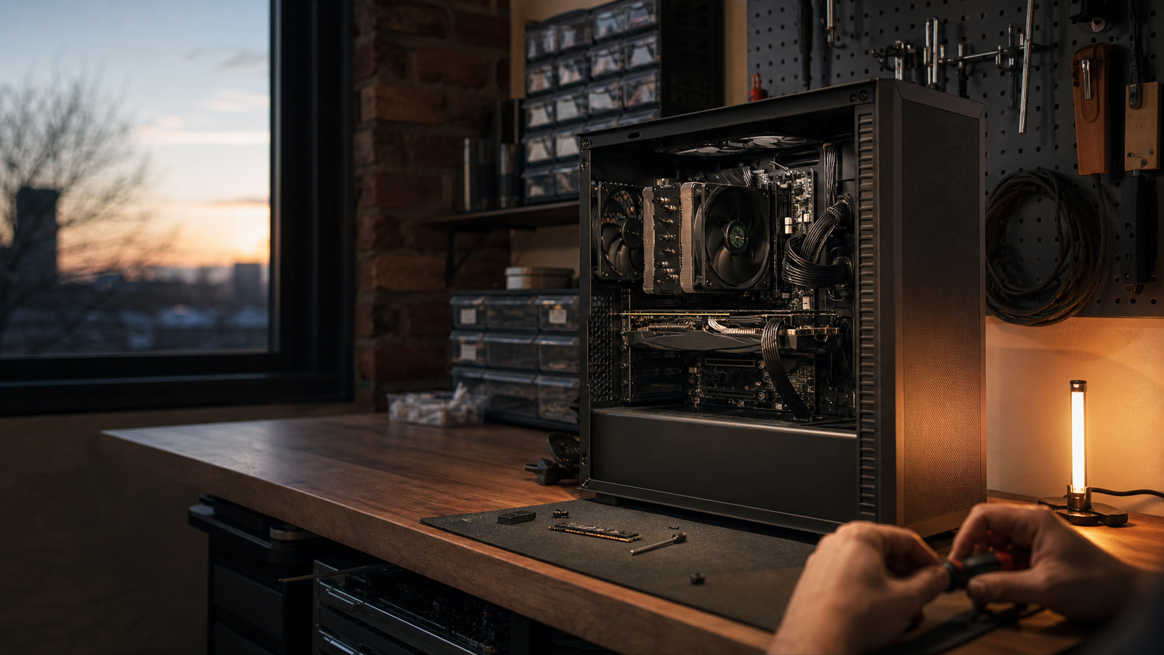 Open custom gaming PC case on a workbench